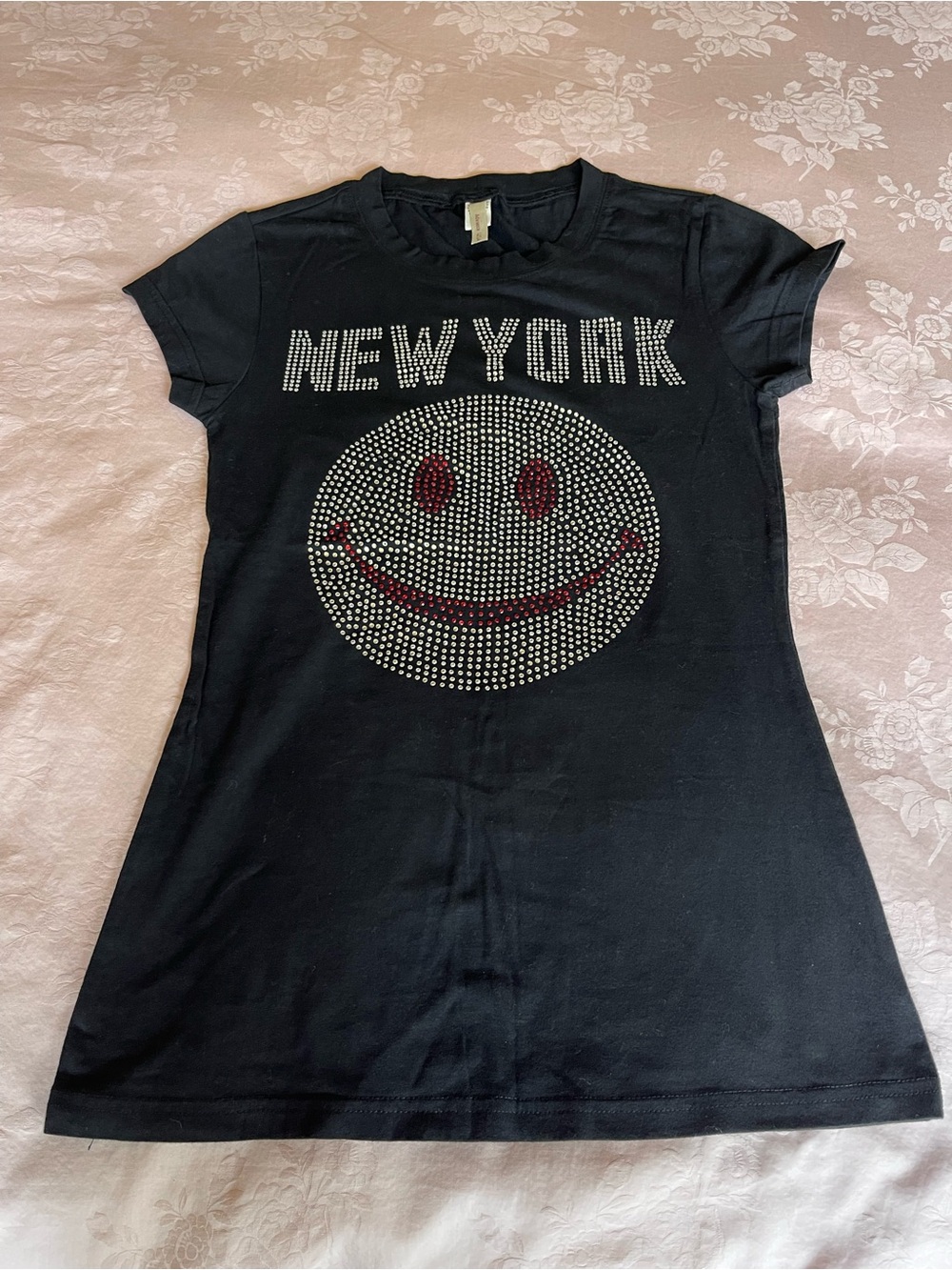 Black 'New York' Studded Sparkly Smiley Tee